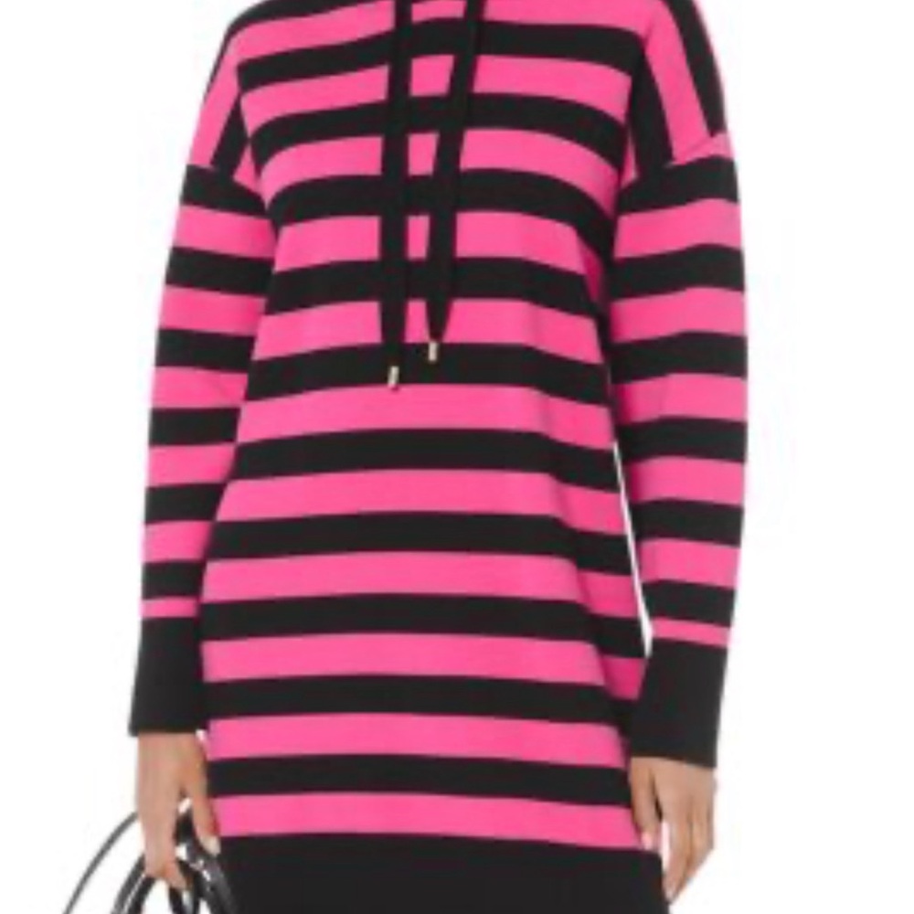Michael Kors hot pink black Striped Hoodie Dress Cotton Sweater pull over XS